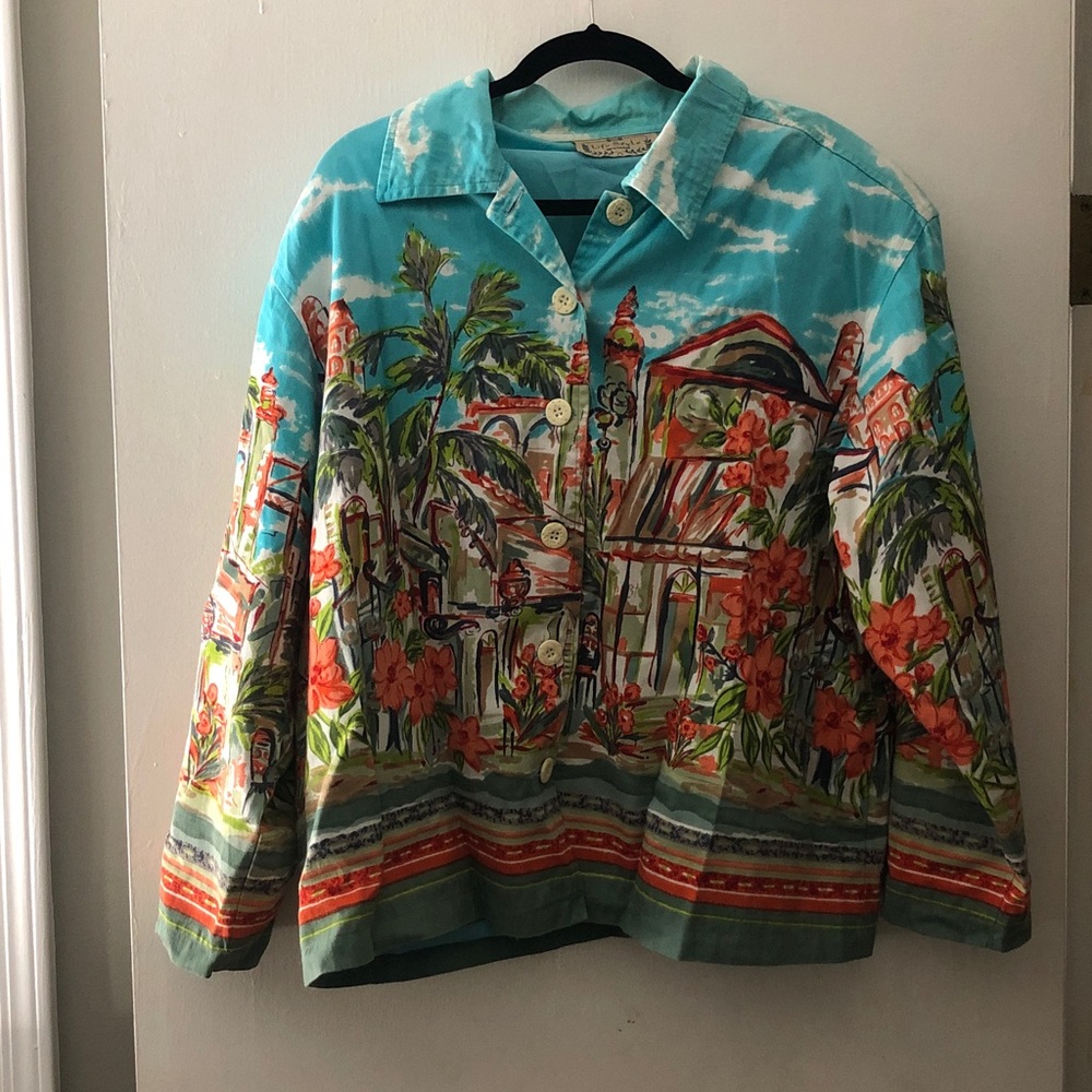 Turquoise Tropical Print Women’s Button-Up Jacket